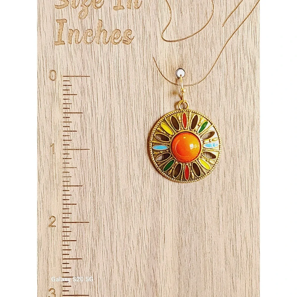 Gold Tone‎ Multi Color Enamel Sunburst Boho Drop Earrings Orange Cabochon Round